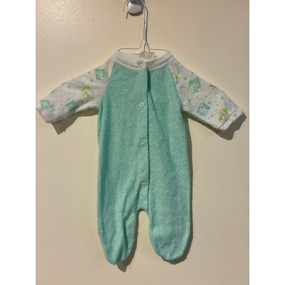 Vintage Mint Green Terry Cloth Footed Sleeper Animal Print Sleeves Snap Up